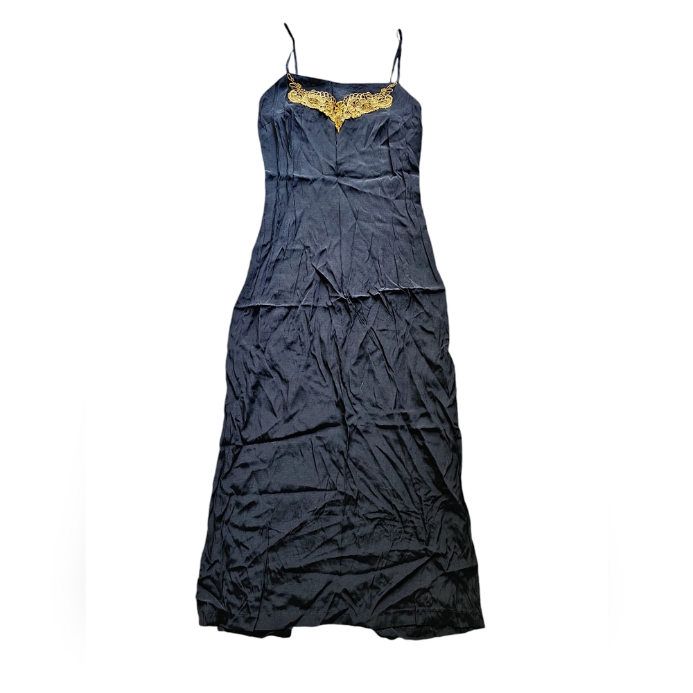 Becks Nessi vintage black whimsical golden lace decor maxi dress‎ size S